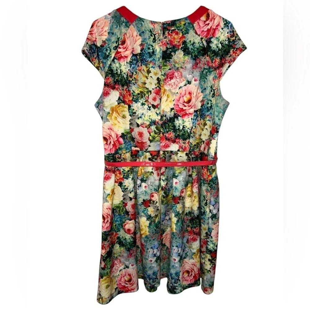Rabbit Rabbit Rabbit Floral Pink Trim Belted Dress Size 16P Cottagecore Summer - Picture 2 of 10